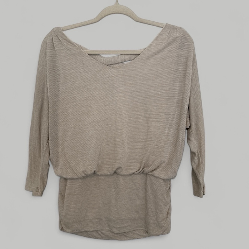 White House Black Market Tan/White Stripe Rouched Top Size M